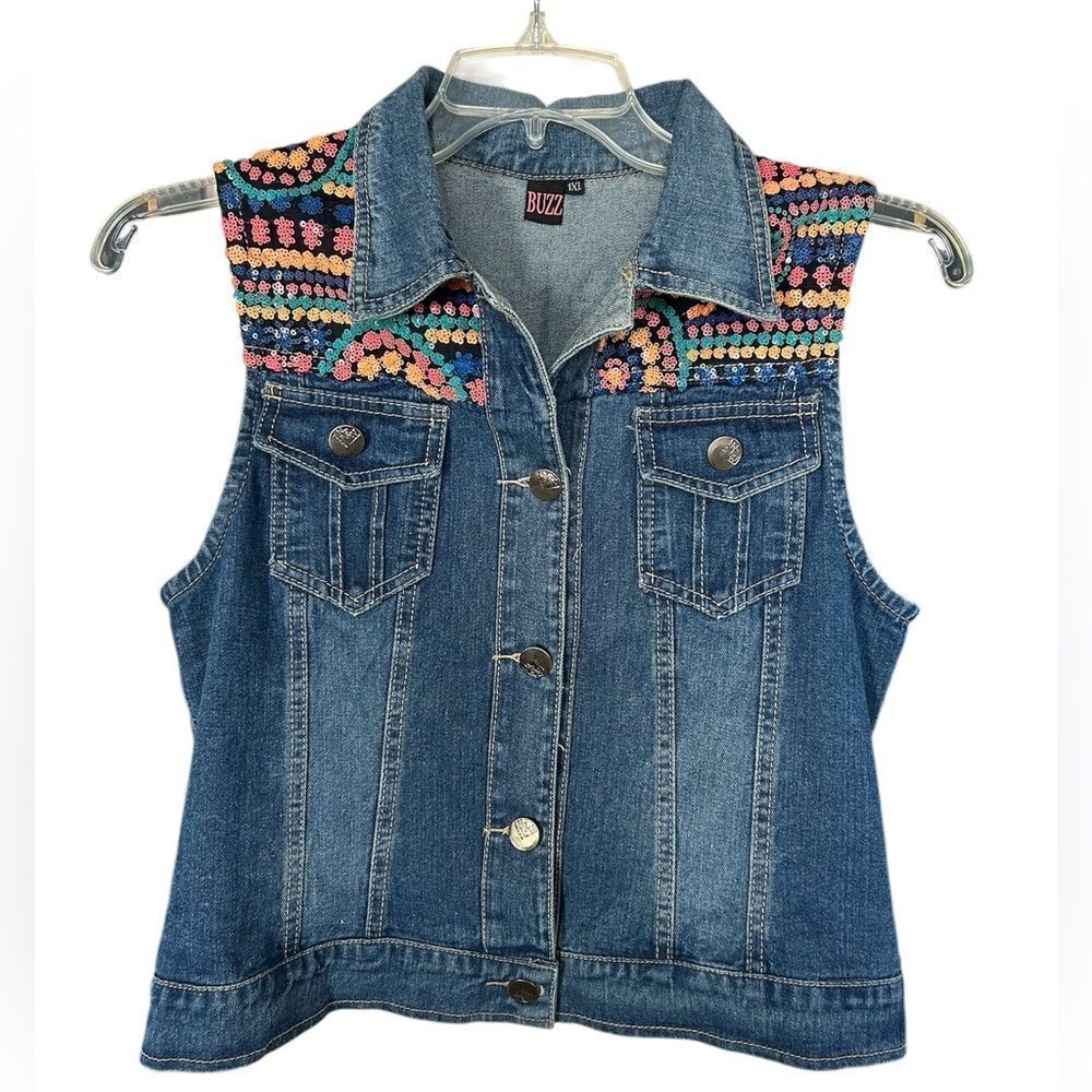 Buzz Pink Rainbow Boho Sequin Jean Vest